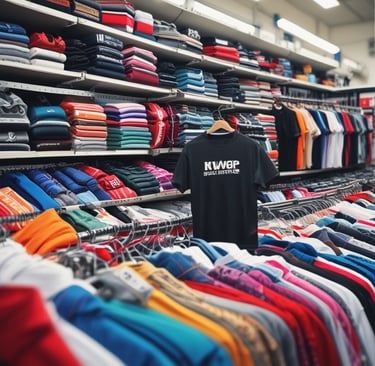 A brightly lit, spacious retail clothing store with rows of neatly arranged clothing racks and shelves filled with folded garments. The store has high ceilings with numerous spotlights and a modern, minimalist design. Multiple stacks of white shoe boxes are prominently displayed on tables throughout the space.