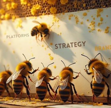 A stylized illustration of a bunch of bees looking at a white board that says strategy