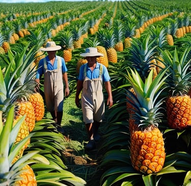 Deux agriculteurs traversant et controlant leur champ d'ananas bio.