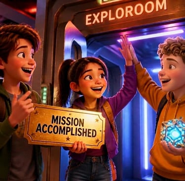 Deca sa osmehom izlaze iz escape room avanture u Exploroom igraonici Niš nakon uspešno rešene misije.