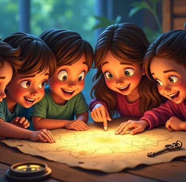 Deca timski rešavaju zagonetku na mapi u tematskoj escape room avanturi za proslavu rođendana.