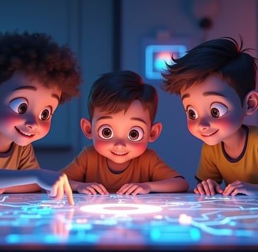Troje dece u Pixar stilu rešava interaktivnu, futurističku STEM zagonetku u Exploroom igraonici Niš.