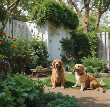 A dog is walking in a large, grassy backyard. The yard is enclosed by a wooden fence. The sky is clear with a hint of sunset, casting a warm light over the scene. There are some bare trees and a couple of evergreen shrubs beyond the fence, and a few rooftops are visible in the background.