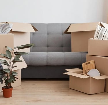 a couch and some boxes for moving in/out