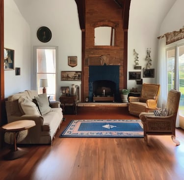 a living room with a fireplace and a couch