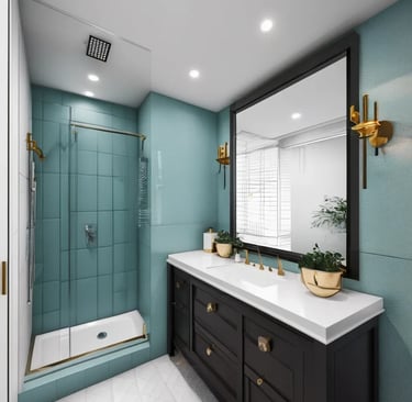 a bathroom with a large mirror and a sink