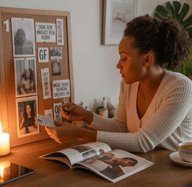 a woman sitting at a table with a phone and a candle