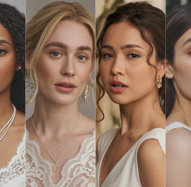 a group of women in wedding dresses and pearls