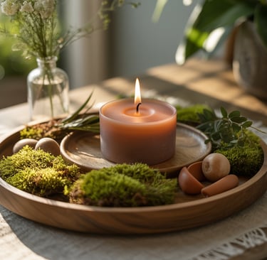 a candle with a candle in a wooden tray