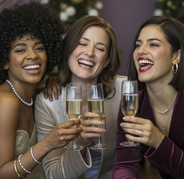 three women are smiling and having fun with champagne