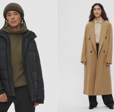 a woman in a long coat and a woman in a hat