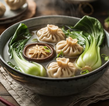 a bowl of soup with dumplings and dumplings