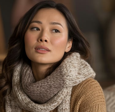 a woman in a sweater and scarf around her neck