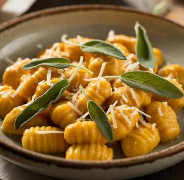a bowl of pasta with sage leaves and sage leaves