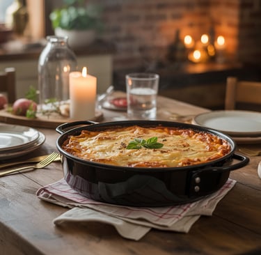 a table with a bowl of food and candles