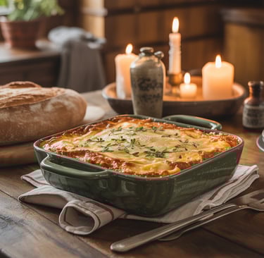a table with a bowl of food and candles