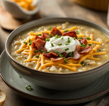 a bowl of soup with cheese and bacon