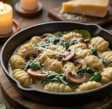 a skillet with pasta and mushrooms in a skillet