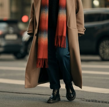 a woman in a coat and scarf on a city street