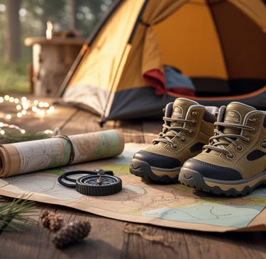 a pair of hiking boots and a compass on a map