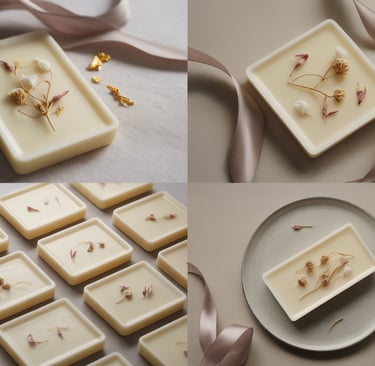 a table with a plate of soap and a plate with flowers