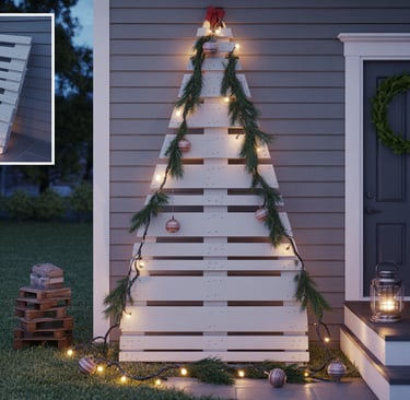 a christmas tree made out of pallets and decorated with christmas lights