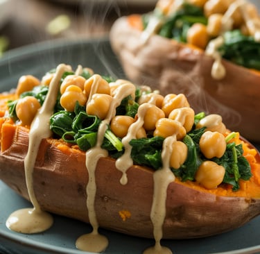 a plate with two baked potatoes and chickpeasy