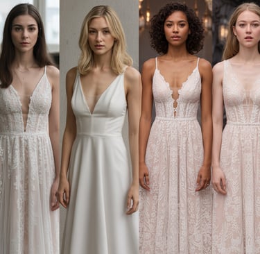 a group of women in white dresses and flower crowns