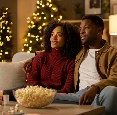 a man and woman sitting on a couch watching tv