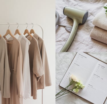 a woman's clothes and a hair dryer