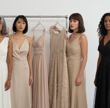 a group of women standing in front of a dress