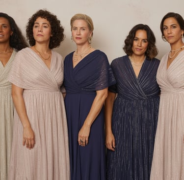a group of women in dresses and jewelry