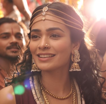 a woman in a headdress with a man in a red dress
