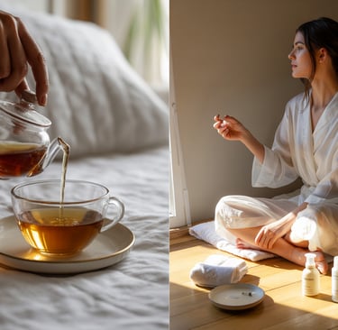 a woman in a robe is pouring tea into a cup