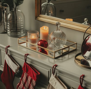 a christmas stocking with stockings and stockings hanging on a mantle