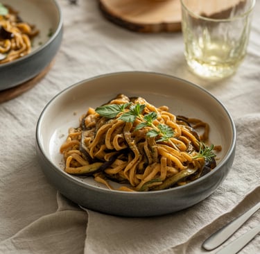 a table with a bowl of noodles and a glass of wine