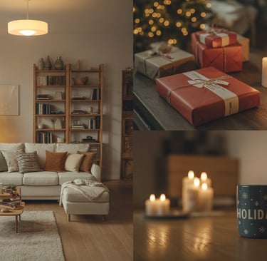a living room with a christmas tree and a christmas tree