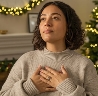 a woman in a sweater holding her hands up to her chest