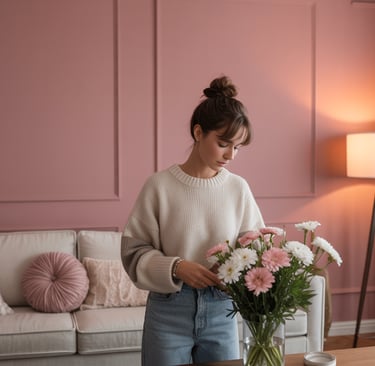 a woman standing in front of a couch with flowers