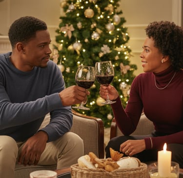 a man and woman sitting on a couch with candles