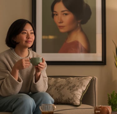 a woman sitting on a couch with a cup of coffee