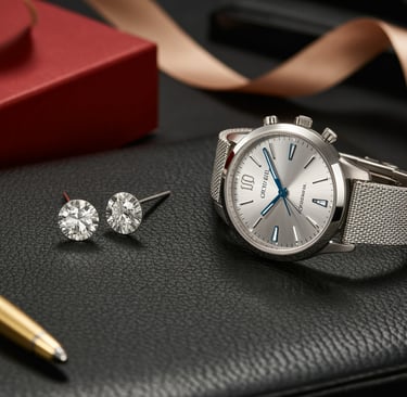 a watch and a pen on a black leather case