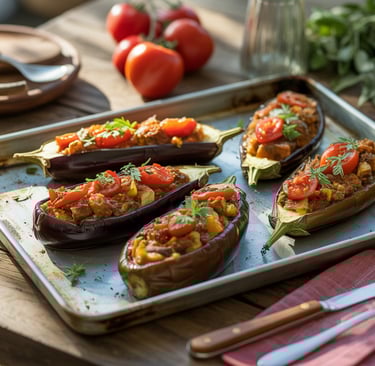 a tray of stuffed eggplant on a table