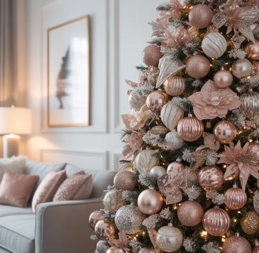 a christmas tree with pink ornaments and ornaments