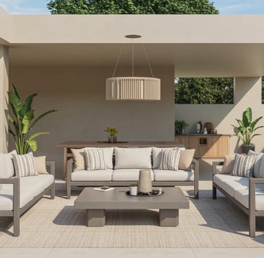a patio with a couch and a table