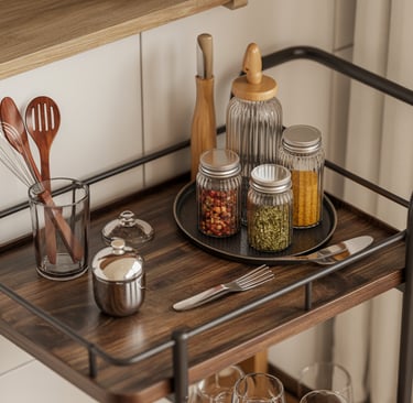 a bar cart with a tray of spices and spices