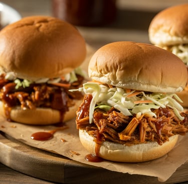 a group of three pulled pork sandwiches on a wooden board