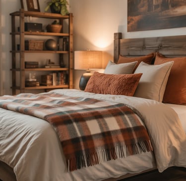 a bed with a plaid blanket and a couch