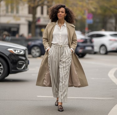 a woman in a trench coat and striped pants