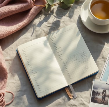 a book with a cup of tea and a map of the world